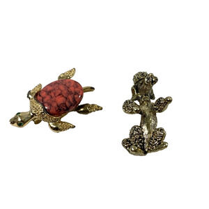 Lot of 2 Gerry Pin Brooches Womens Green Eyed Turtle & Poodle Vintage Jewelry